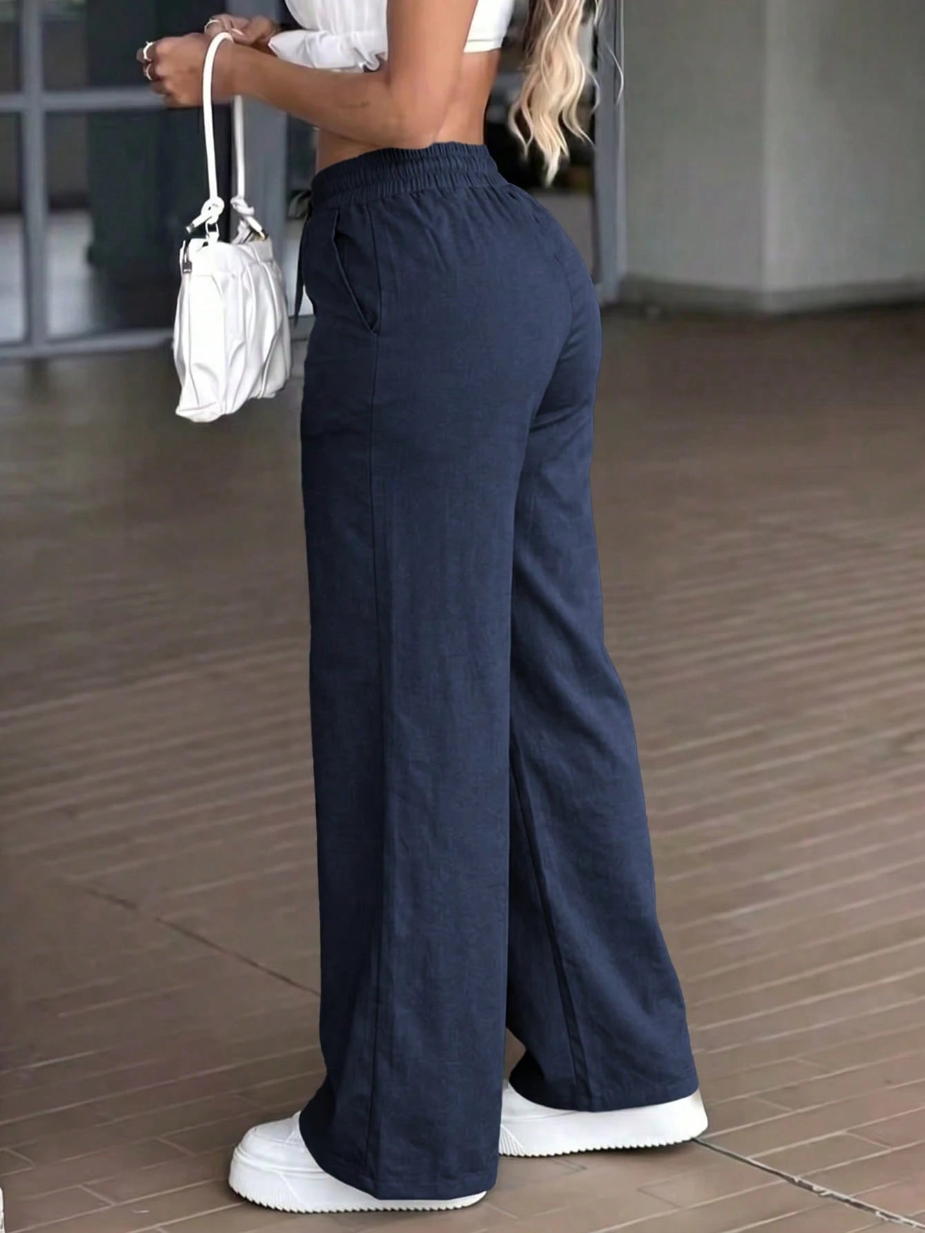 GLAMSKIN Women's Summer/Autumn Basic Solid Color Drawstring Linen-Style Wide Leg Pants, Loose Casual Long Pants, Suitable For Back To School, Beach Vacation And Daily Outings
