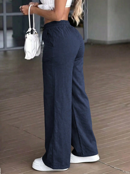 GLAMSKIN Women's Summer/Autumn Basic Solid Color Drawstring Linen-Style Wide Leg Pants, Loose Casual Long Pants, Suitable For Back To School, Beach Vacation And Daily Outings