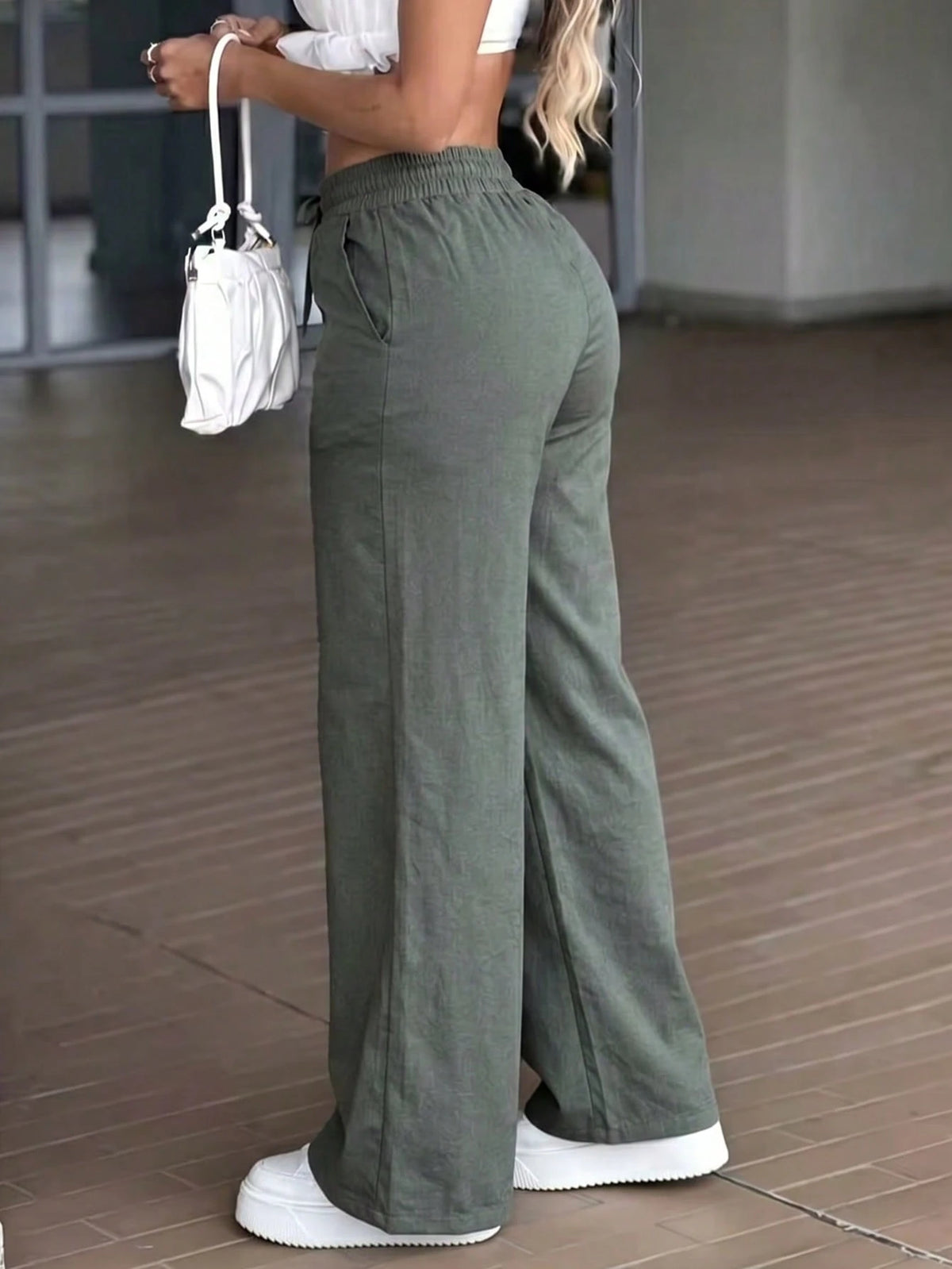 GLAMSKIN Women's Summer/Autumn Basic Solid Color Drawstring Linen-Style Wide Leg Pants, Loose Casual Long Pants, Suitable For Back To School, Beach Vacation And Daily Outings