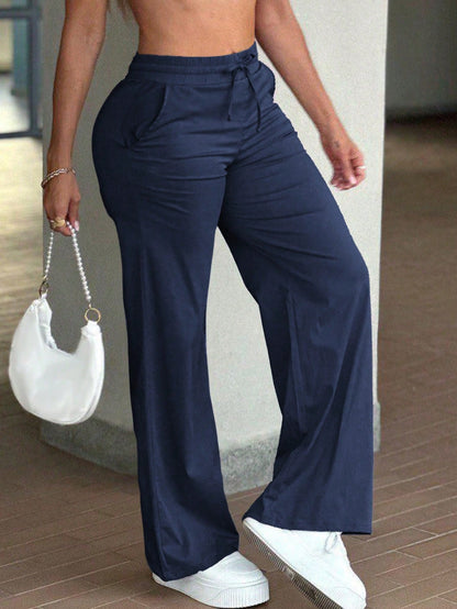 GLAMSKIN Women's Summer/Autumn Basic Solid Color Drawstring Linen-Style Wide Leg Pants, Loose Casual Long Pants, Suitable For Back To School, Beach Vacation And Daily Outings