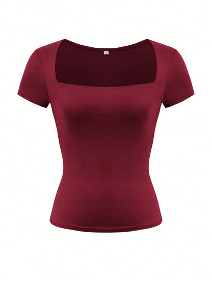 GLAMSKIN Women's Summer/Autumn Basic Solid Color Square Neck Short Sleeve Cropped T-Shirt, Y2K Sexy Slim Fit Casual Top, Back To School Outing Daily Streetwear