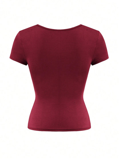 GLAMSKIN Women's Summer/Autumn Basic Solid Color Square Neck Short Sleeve Cropped T-Shirt, Y2K Sexy Slim Fit Casual Top, Back To School Outing Daily Streetwear