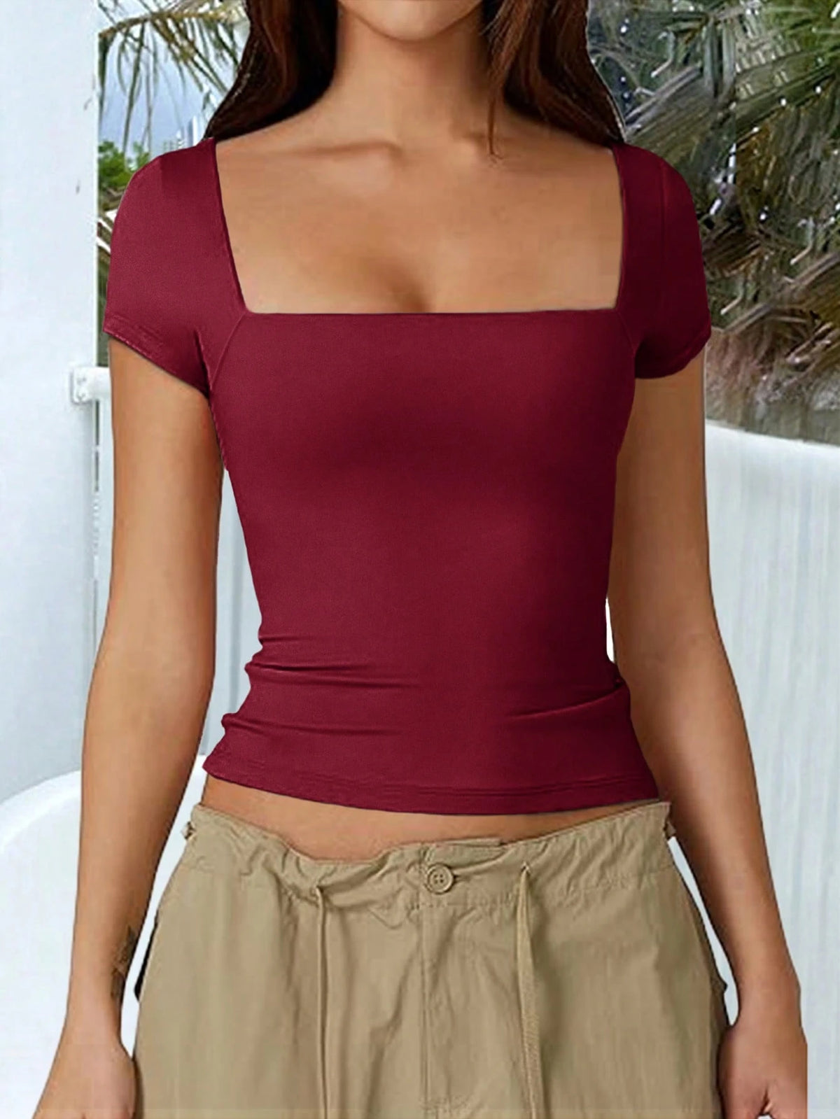 GLAMSKIN Women's Summer/Autumn Basic Solid Color Square Neck Short Sleeve Cropped T-Shirt, Y2K Sexy Slim Fit Casual Top, Back To School Outing Daily Streetwear