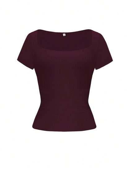 GLAMSKIN Women's Summer/Autumn Basic Striped Square Neck Short Sleeve Fitted Cropped T-Shirt, Casual Sexy Slim Fit Top, Suitable For Back To School, Outings, Beach Vacation