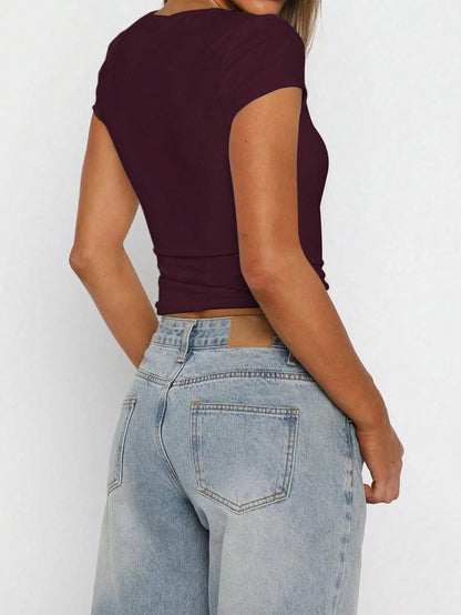 GLAMSKIN Women's Summer/Autumn Basic Striped Square Neck Short Sleeve Fitted Cropped T-Shirt, Casual Sexy Slim Fit Top, Suitable For Back To School, Outings, Beach Vacation