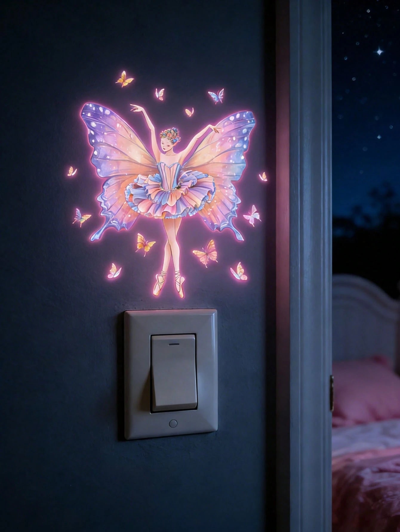 Glow-In-The-Dark Ballet Butterfly Fairy Wall Sticker- Self-Adhesive PVC Decal With Sparkling Wings & Floral Crown, Fantasy Nighttime Scene For Home Decor, Butterfly Decorations