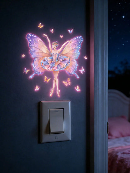 Glow-In-The-Dark Ballet Butterfly Fairy Wall Sticker- Self-Adhesive PVC Decal With Sparkling Wings & Floral Crown, Fantasy Nighttime Scene For Home Decor, Butterfly Decorations