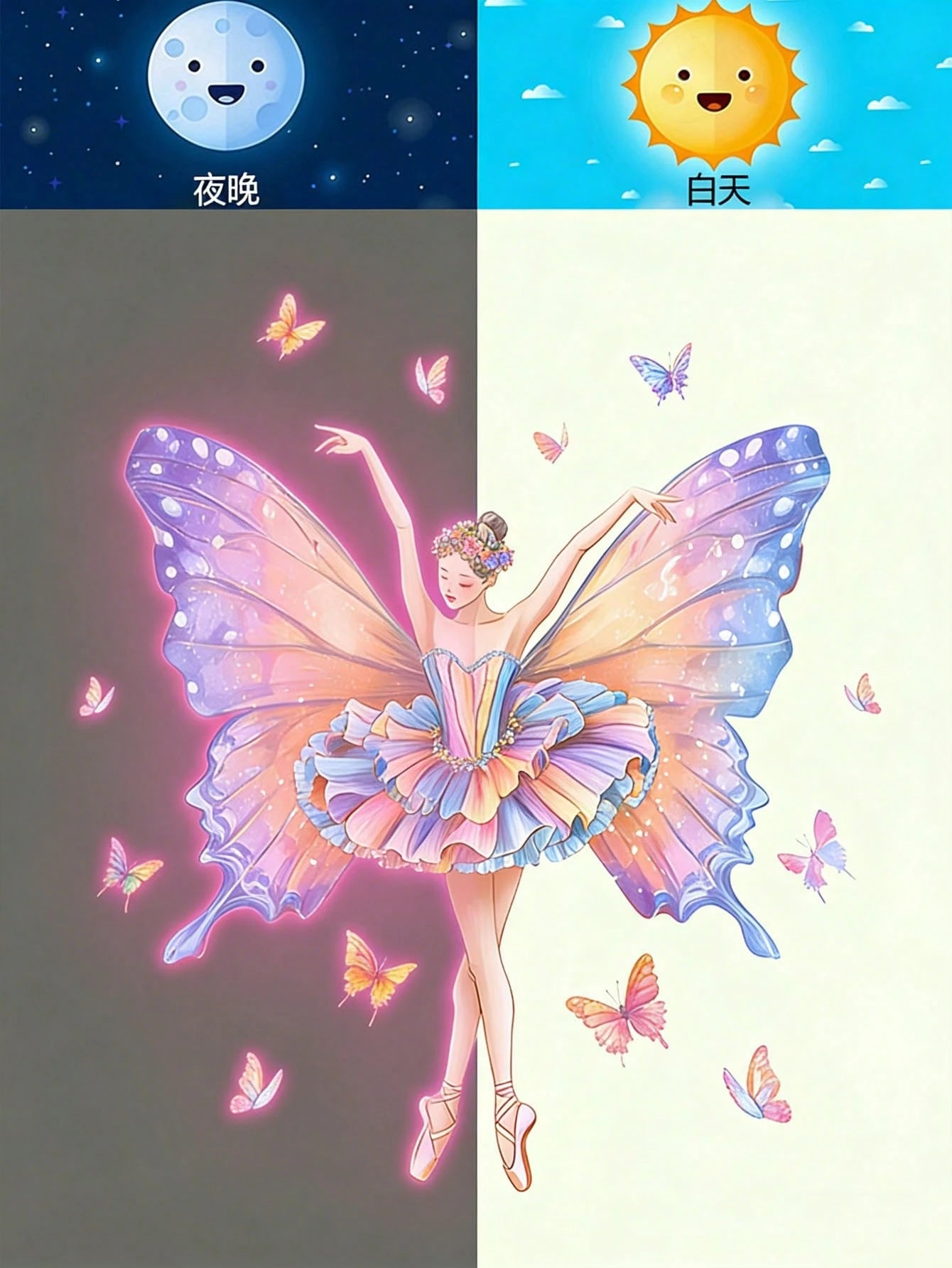 Glow-In-The-Dark Ballet Butterfly Fairy Wall Sticker- Self-Adhesive PVC Decal With Sparkling Wings & Floral Crown, Fantasy Nighttime Scene For Home Decor, Butterfly Decorations