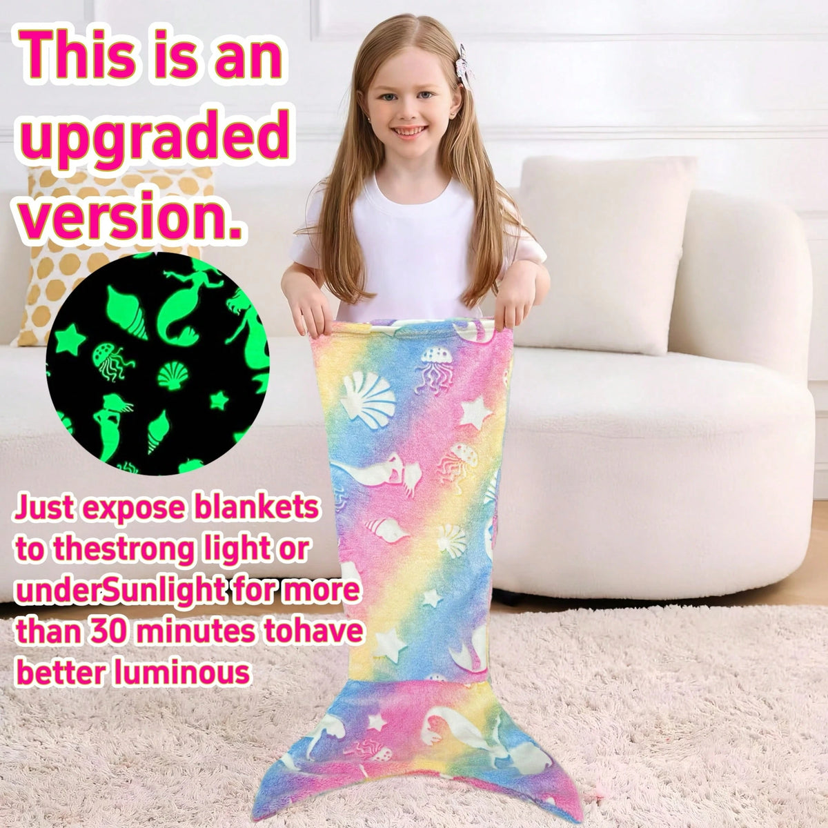 [Glow Mermaid] Soft Glow-In-The-Dark Mermaid Tail Blanket| Wearable Plush For Girls, Teens & Adults- Perfect For All Seasons, Birthday Gifts & Nursery Decor, Unicorn Sleeping Bag, Kindergarten Decor