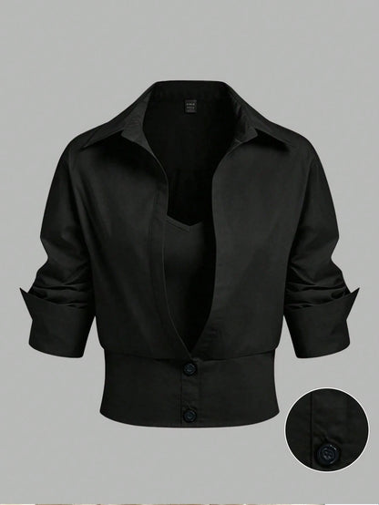 GlowEve CURVE Plus Size Designer Luxury Knit Patchwork Slim Fit Blouse Shirt, Summer Casual Outing And Commute Workwear Top Fall