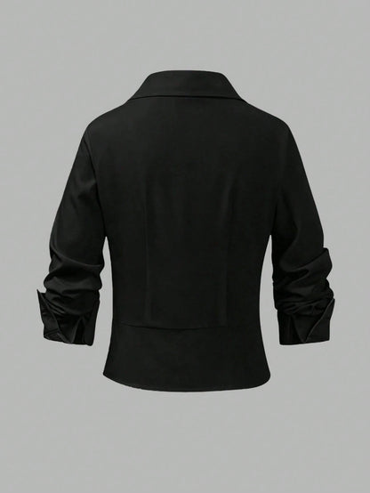 GlowEve CURVE Plus Size Designer Luxury Knit Patchwork Slim Fit Blouse Shirt, Summer Casual Outing And Commute Workwear Top Fall
