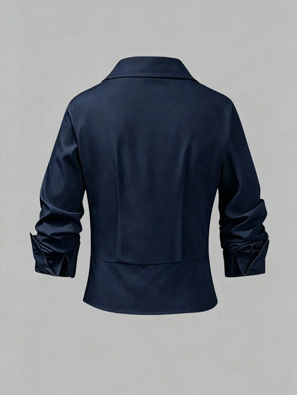 GlowEve CURVE Plus Size Designer Luxury Knit Patchwork Slim Fit Blouse Shirt, Summer Casual Outing And Commute Workwear Top Fall