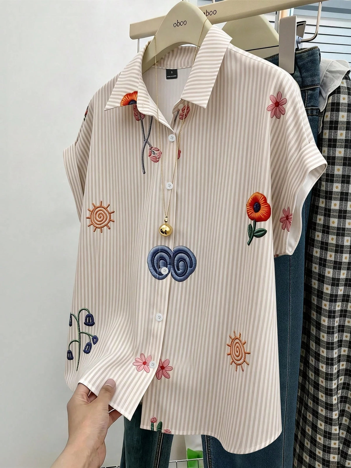 GlowEve Loose Short Sleeve Collared Shirt With Rolled Cuffs, Striped Faux Embroidered Floral Pattern For Women