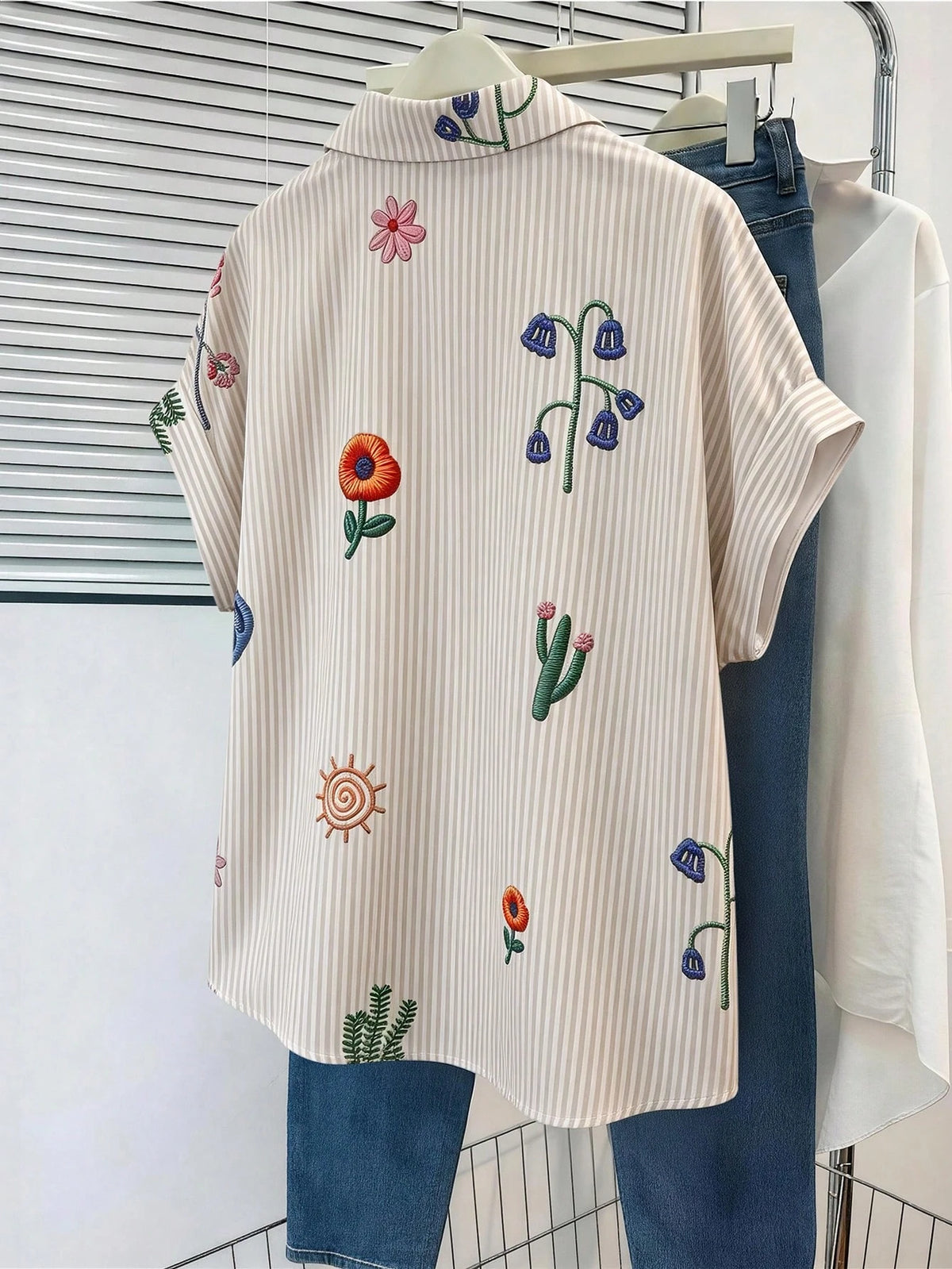 GlowEve Loose Short Sleeve Collared Shirt With Rolled Cuffs, Striped Faux Embroidered Floral Pattern For Women
