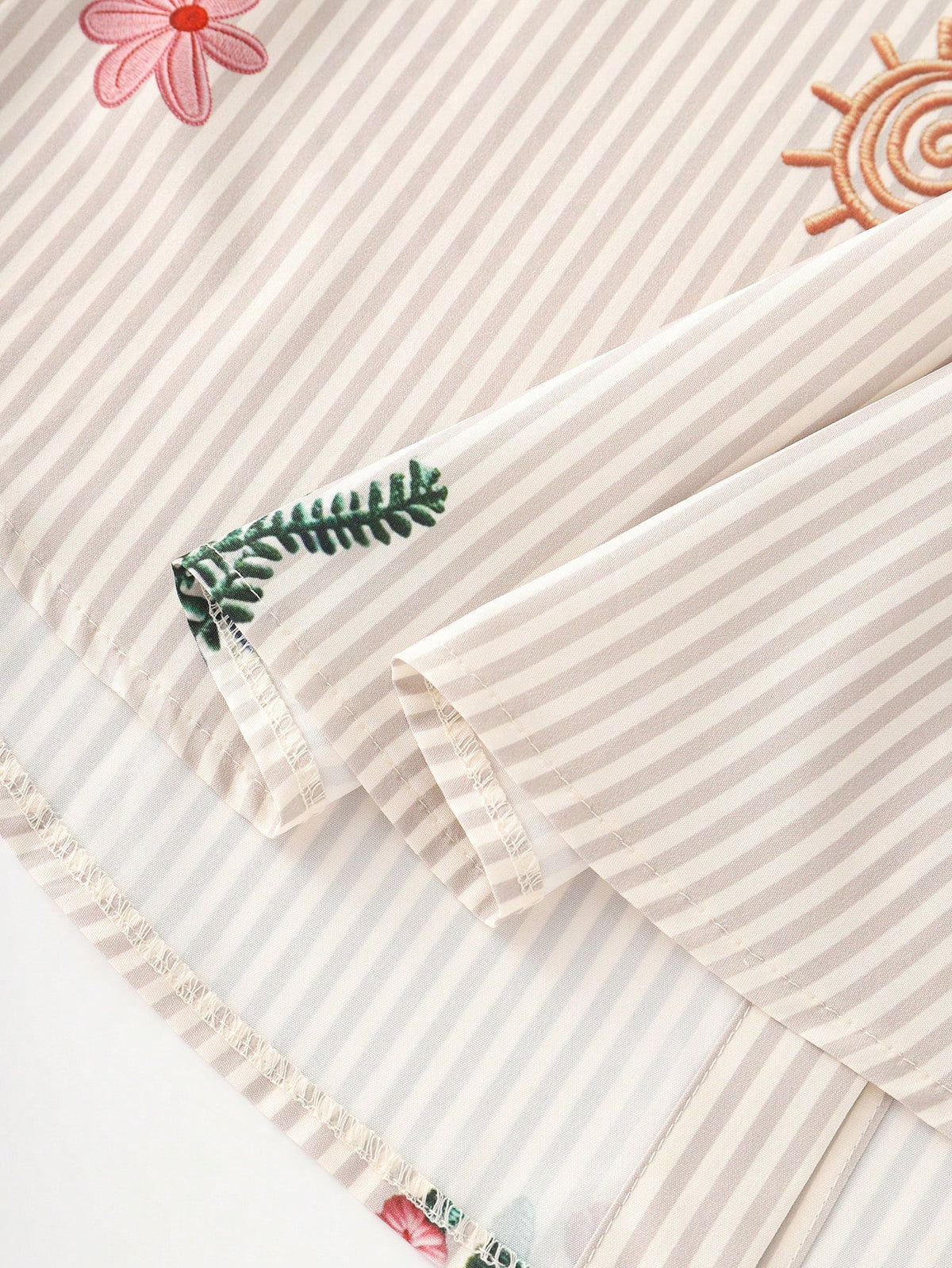 GlowEve Loose Short Sleeve Collared Shirt With Rolled Cuffs, Striped Faux Embroidered Floral Pattern For Women