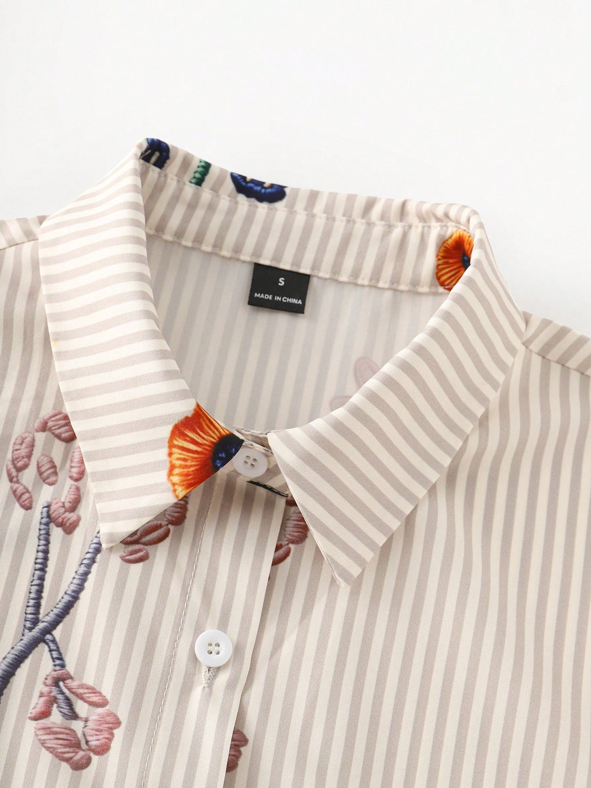 GlowEve Loose Short Sleeve Collared Shirt With Rolled Cuffs, Striped Faux Embroidered Floral Pattern For Women