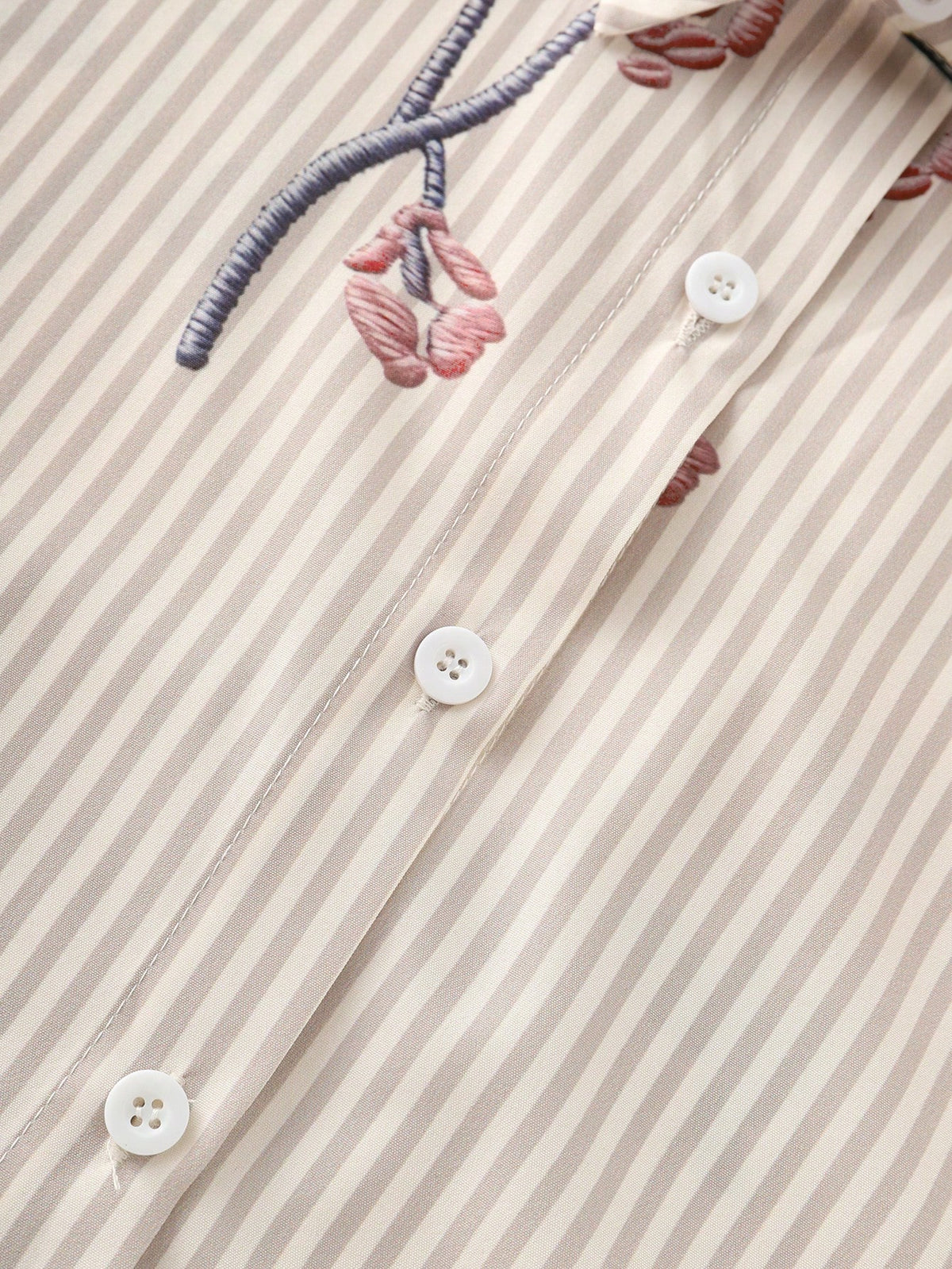 GlowEve Loose Short Sleeve Collared Shirt With Rolled Cuffs, Striped Faux Embroidered Floral Pattern For Women