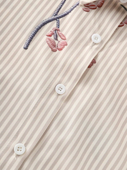 GlowEve Loose Short Sleeve Collared Shirt With Rolled Cuffs, Striped Faux Embroidered Floral Pattern For Women