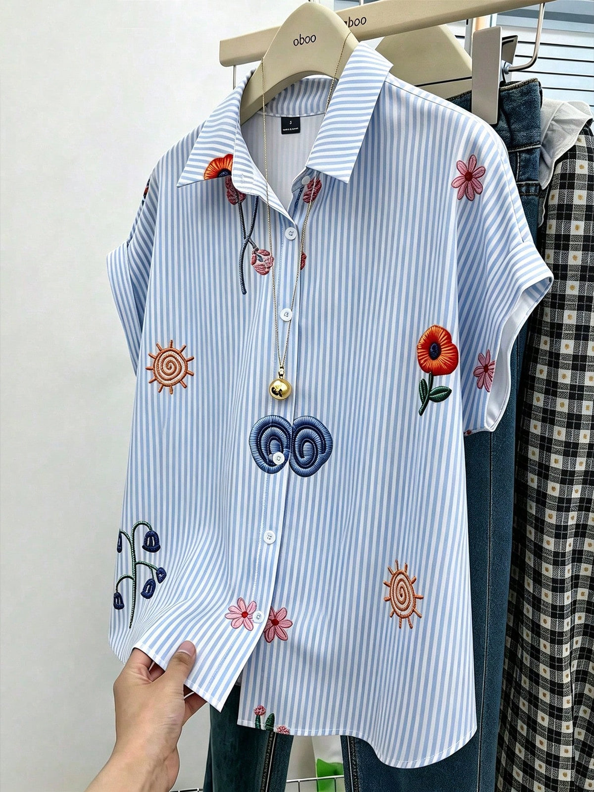 GlowEve Loose Short Sleeve Collared Shirt With Rolled Cuffs, Striped Faux Embroidered Floral Pattern For Women