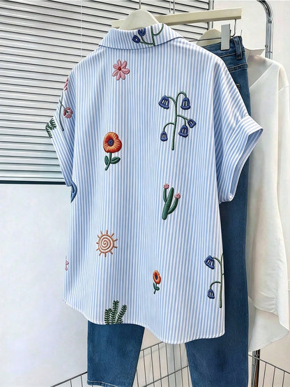 GlowEve Loose Short Sleeve Collared Shirt With Rolled Cuffs, Striped Faux Embroidered Floral Pattern For Women
