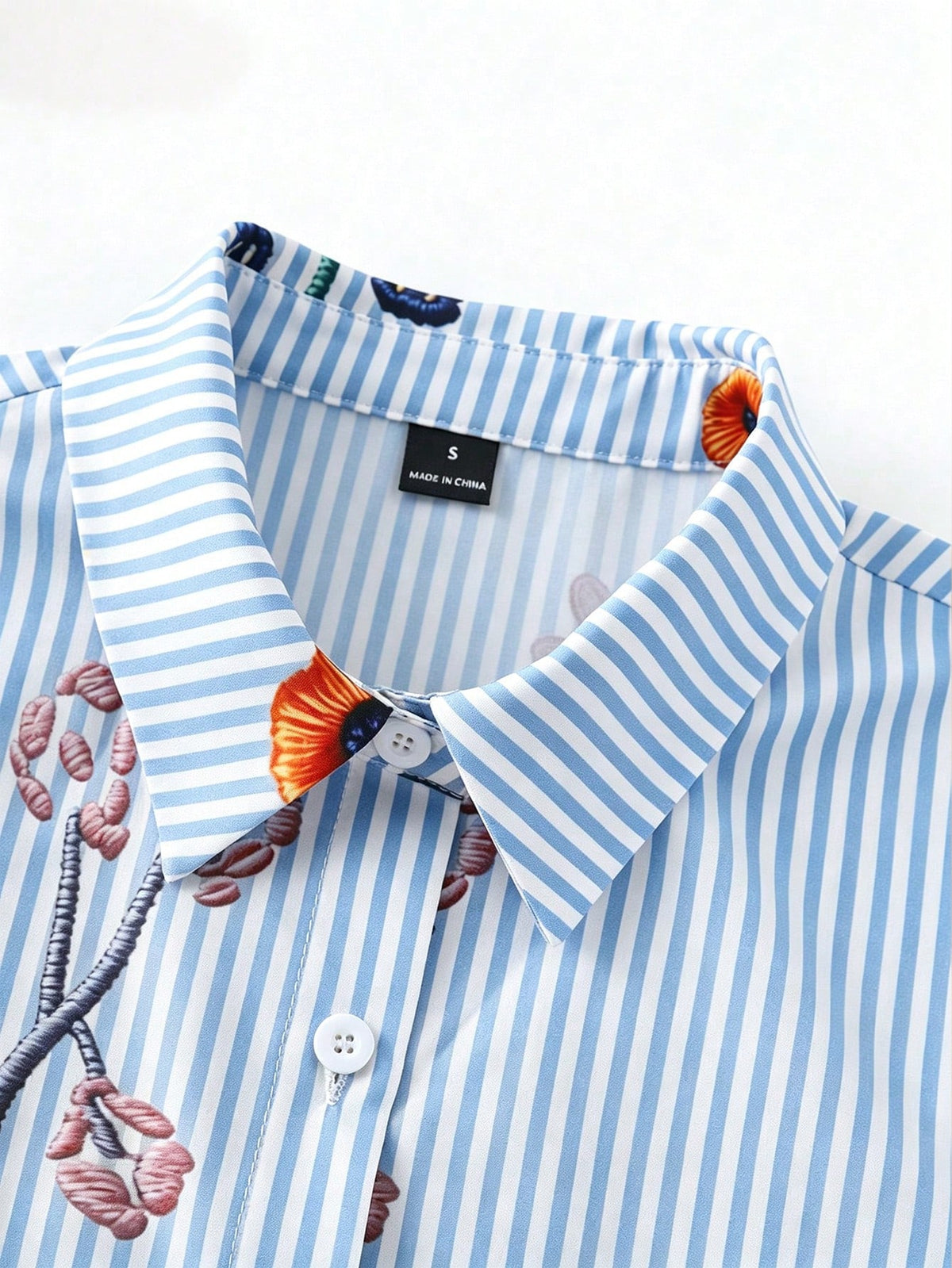 GlowEve Loose Short Sleeve Collared Shirt With Rolled Cuffs, Striped Faux Embroidered Floral Pattern For Women