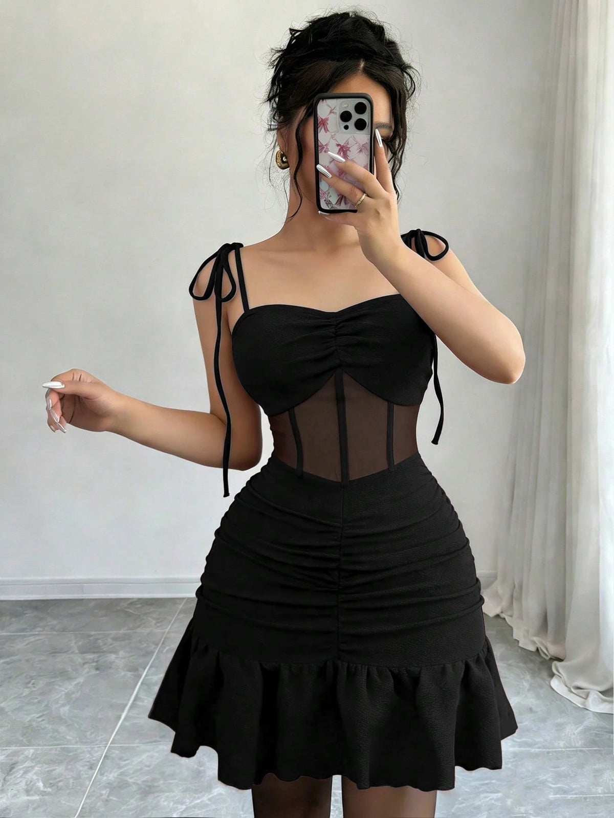 GlowEve New Arrival Spaghetti Strap Knit Patchwork Mesh Elegant Mini Dress For Dates Night Out Parties Black Summer
