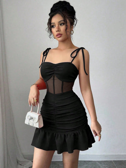 GlowEve New Arrival Spaghetti Strap Knit Patchwork Mesh Elegant Mini Dress For Dates Night Out Parties Black Summer
