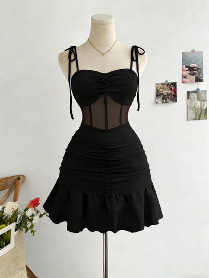 GlowEve New Arrival Spaghetti Strap Knit Patchwork Mesh Elegant Mini Dress For Dates Night Out Parties Black Summer