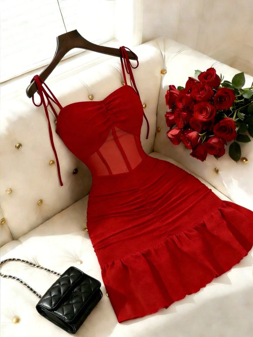 GlowEve New Elegant Sexy Spaghetti Strap Knit Patchwork Mesh Mini Dress For Women, Suitable For Dates Night Out, Parties Red Summer