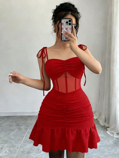 GlowEve New Elegant Sexy Spaghetti Strap Knit Patchwork Mesh Mini Dress For Women, Suitable For Dates Night Out, Parties Red Summer