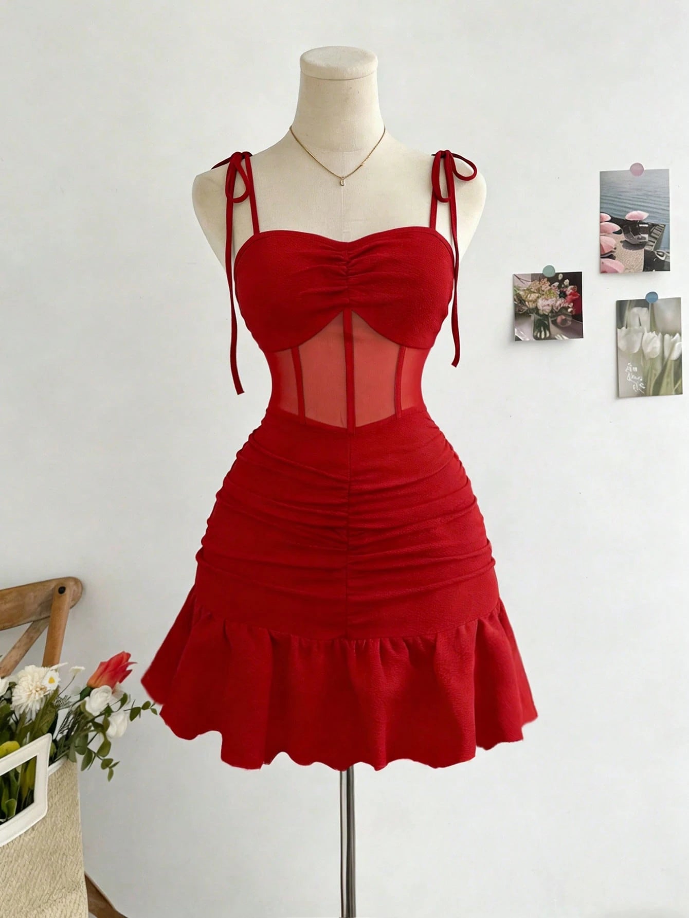 GlowEve New Elegant Sexy Spaghetti Strap Knit Patchwork Mesh Mini Dress For Women, Suitable For Dates Night Out, Parties Red Summer