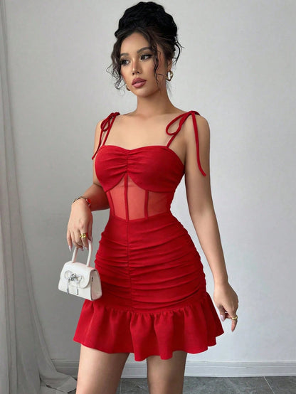GlowEve New Elegant Sexy Spaghetti Strap Knit Patchwork Mesh Mini Dress For Women, Suitable For Dates Night Out, Parties Red Summer