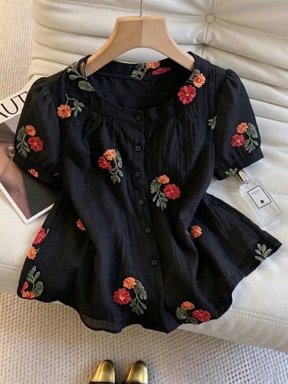 GlowEve Summer New Delicate Fresh Floral Embroidery Textured Women's Round Neck Blouse