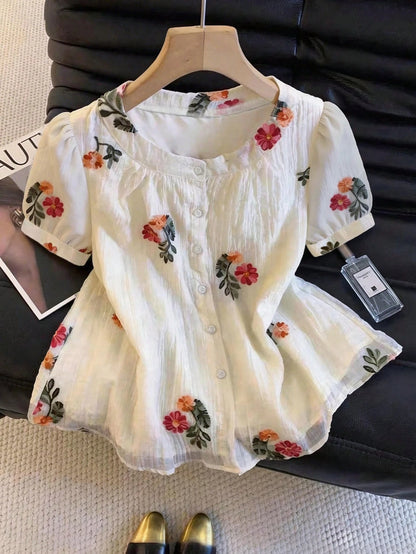 GlowEve Summer New Delicate Fresh Floral Embroidery Textured Women's Round Neck Blouse