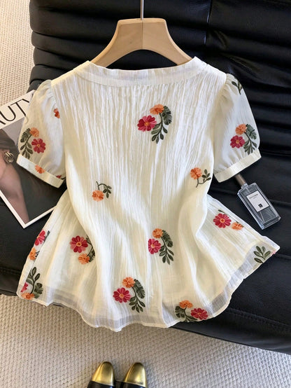 GlowEve Summer New Delicate Fresh Floral Embroidery Textured Women's Round Neck Blouse