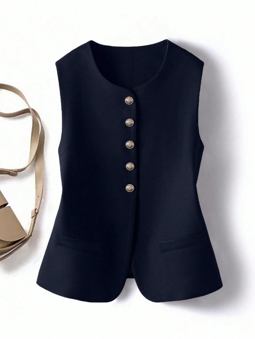 GlowEve Vintage Elegant Casual Design Round Neck Open Front Women Top Office Work Navy Blue Summer