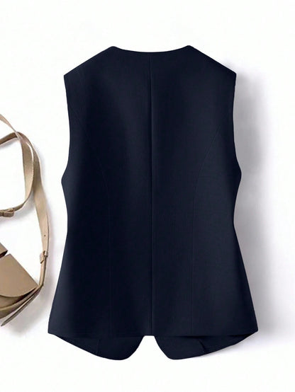 GlowEve Vintage Elegant Casual Design Round Neck Open Front Women Top Office Work Navy Blue Summer