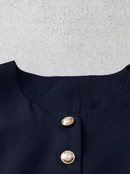 GlowEve Vintage Elegant Casual Design Round Neck Open Front Women Top Office Work Navy Blue Summer