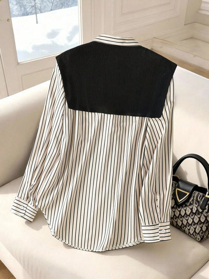 GlowEve Women's Casual Commuter Striped Shawl Collar Shirt