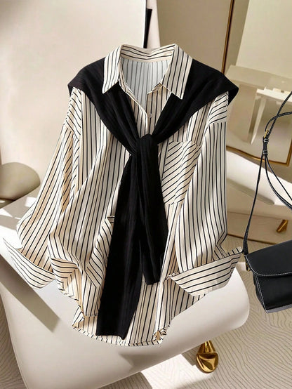 GlowEve Women's Casual Commuter Striped Shawl Collar Shirt