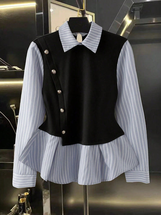 GlowEve Women's Contrast Color Block Striped Long Sleeve Ruffle Trim Button Front Fashionable 2 In 1 Shirt