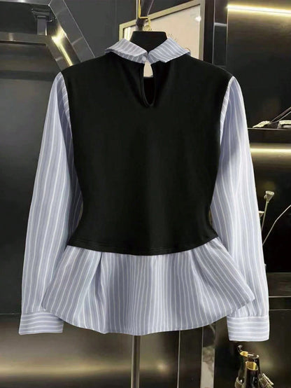 GlowEve Women's Contrast Color Block Striped Long Sleeve Ruffle Trim Button Front Fashionable 2 In 1 Shirt