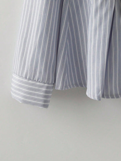 GlowEve Women's Contrast Color Block Striped Long Sleeve Ruffle Trim Button Front Fashionable 2 In 1 Shirt