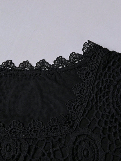 GlowEve Women's Crochet Lace Fashionable Elegant Slimming Design Square Neck Short Sleeve Blouse