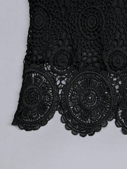 GlowEve Women's Crochet Lace Fashionable Elegant Slimming Design Square Neck Short Sleeve Blouse