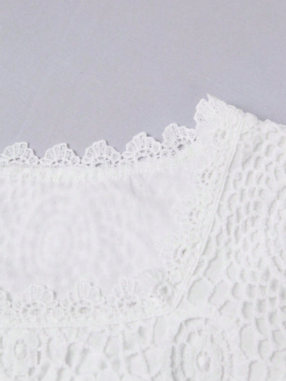 GlowEve Women's Crochet Lace Fashionable Elegant Slimming Design Square Neck Short Sleeve Blouse