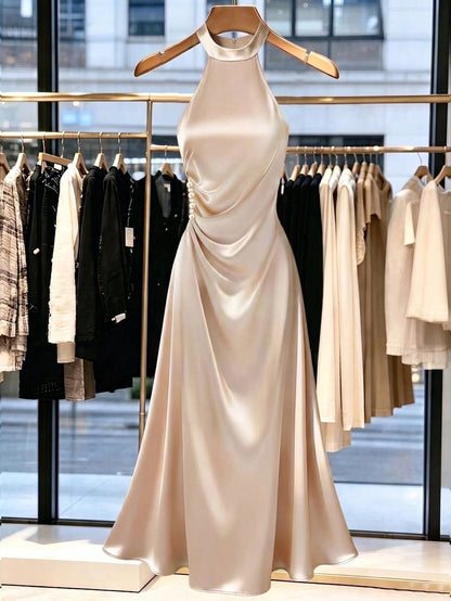 GlowEve Women's Elegant Satin Long Dress, Stand Collar & Waist Pleats Design, Casual Vacation Daily Outdoor Party Dress For Women