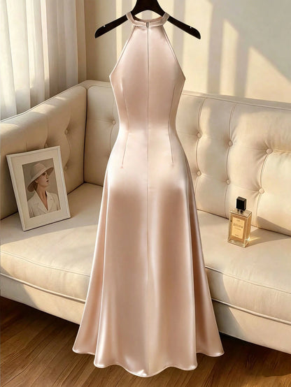 GlowEve Women's Elegant Satin Long Dress, Stand Collar & Waist Pleats Design, Casual Vacation Daily Outdoor Party Dress For Women