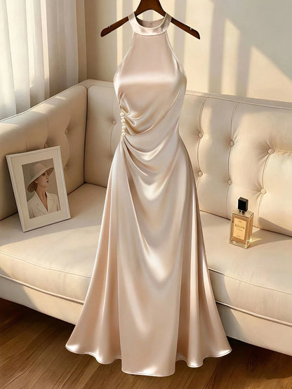 GlowEve Women's Elegant Satin Long Dress, Stand Collar & Waist Pleats Design, Casual Vacation Daily Outdoor Party Dress For Women