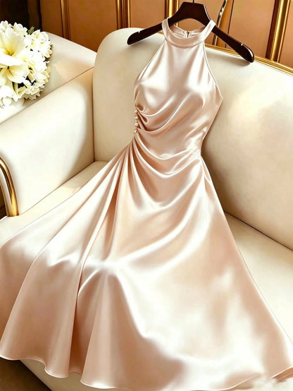 GlowEve Women's Elegant Satin Long Dress, Stand Collar & Waist Pleats Design, Casual Vacation Daily Outdoor Party Dress For Women